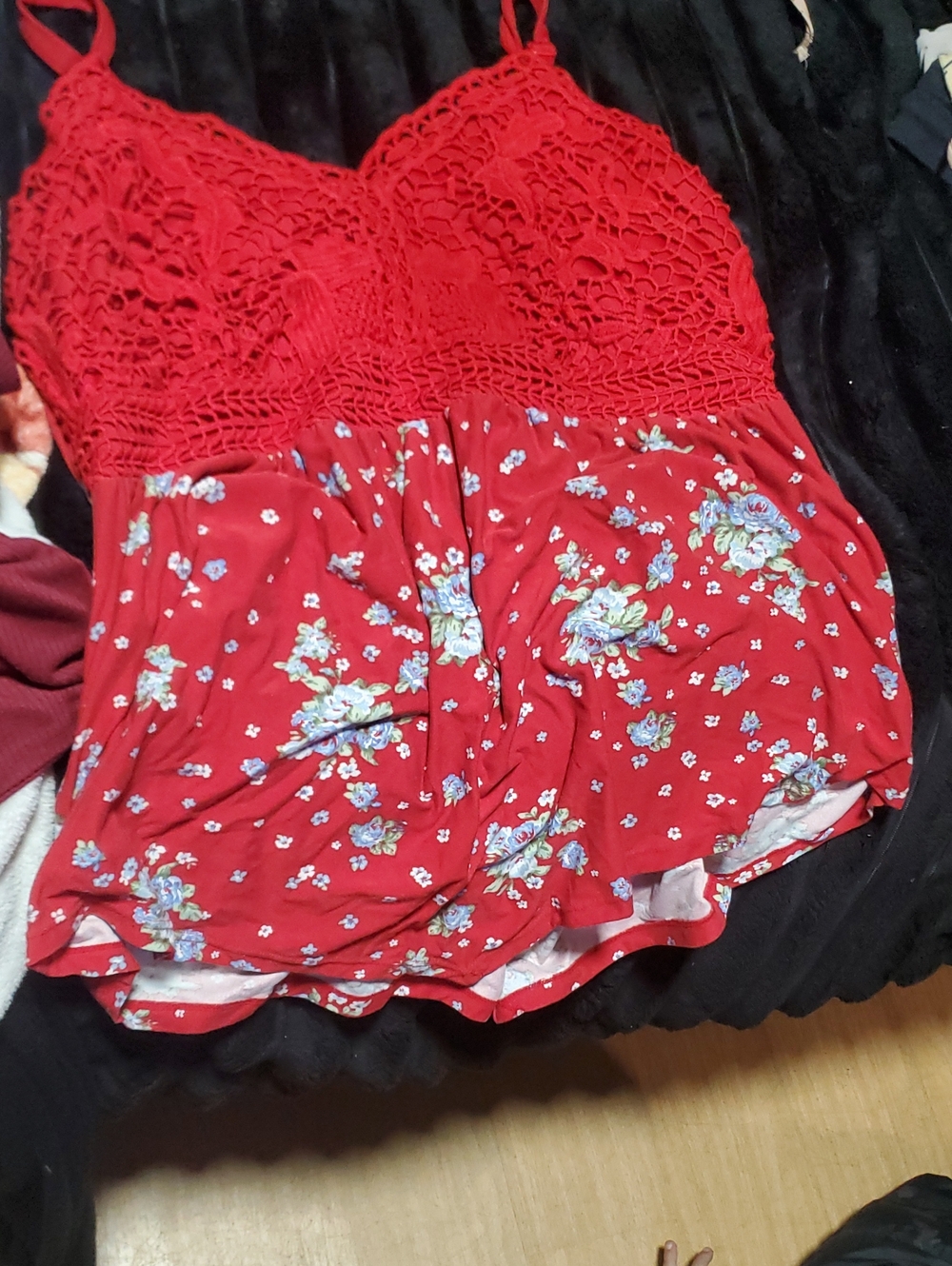 Red And Blue Floral Crochet-Top Tunic